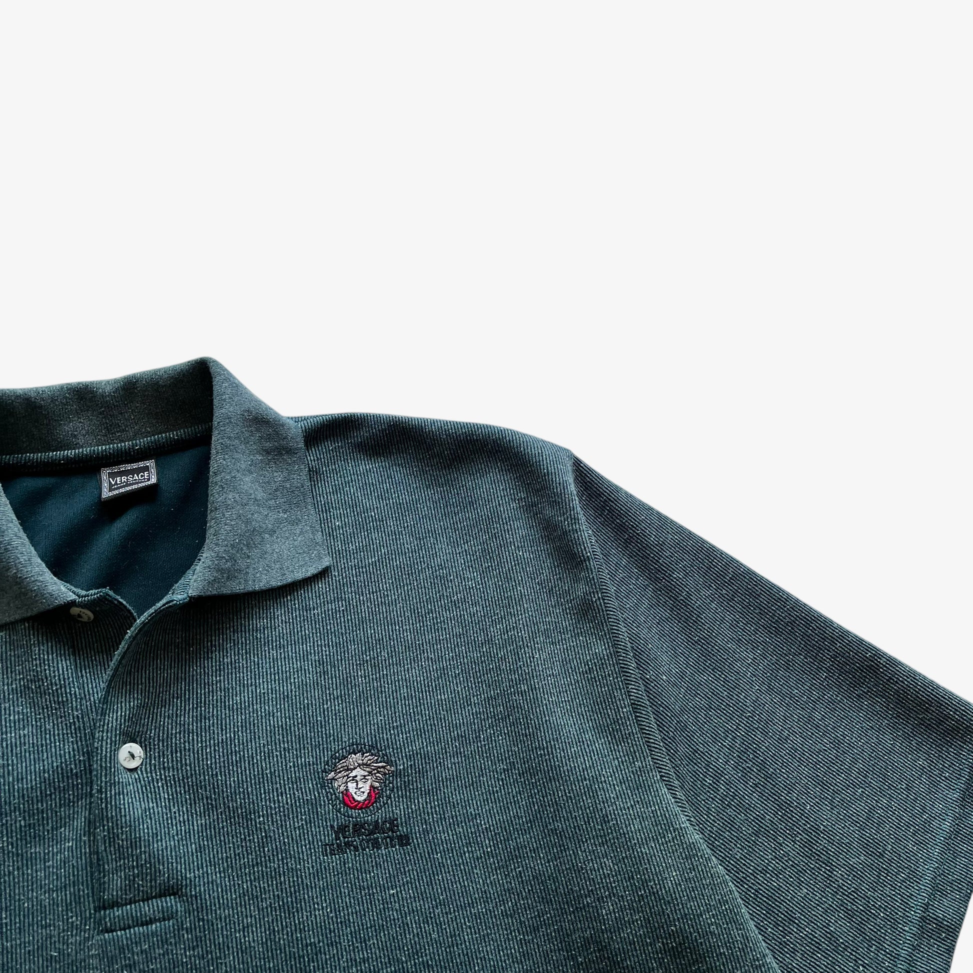 Vintage 90s Mens Versace Jeans Couture Green Ribbed Polo Shirt Medusa Head - Casspios Dream