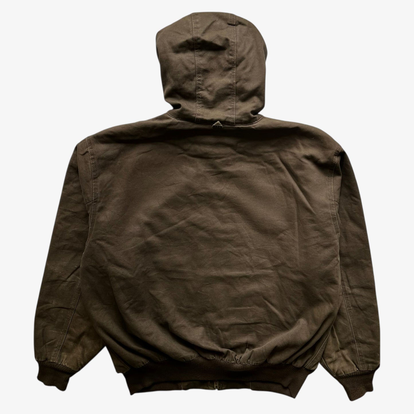 Back of vintage 90s men's Walls brown hooded workwear jacket.