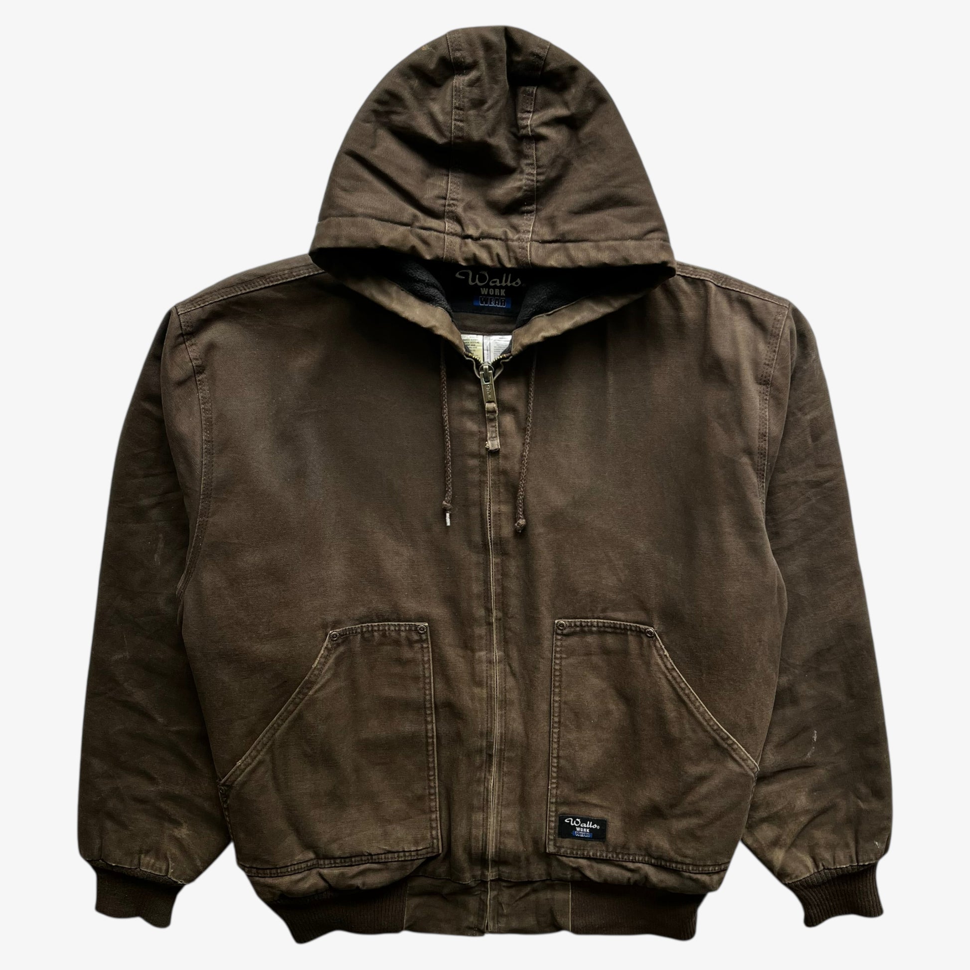 Vintage 90s men's Walls brown hooded workwear jacket.