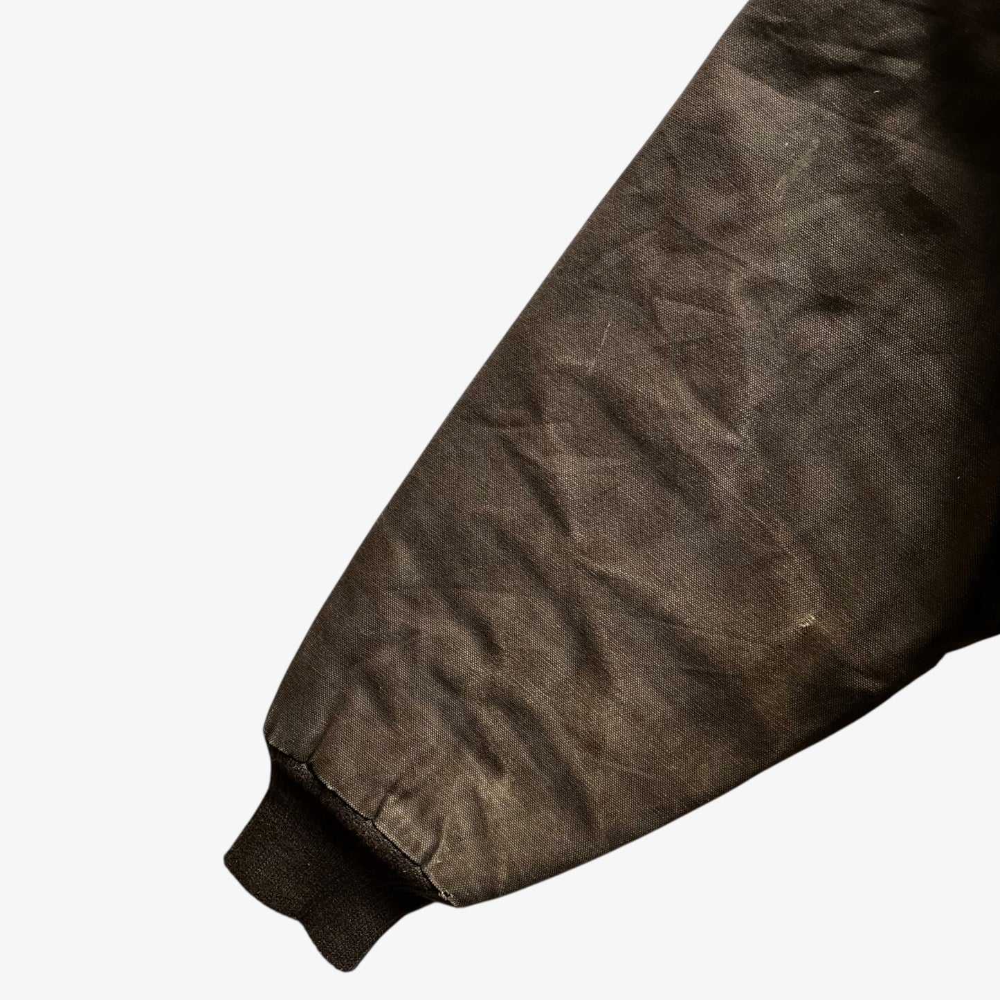 Patina on vintage 90s men's Walls brown hooded workwear jacket.