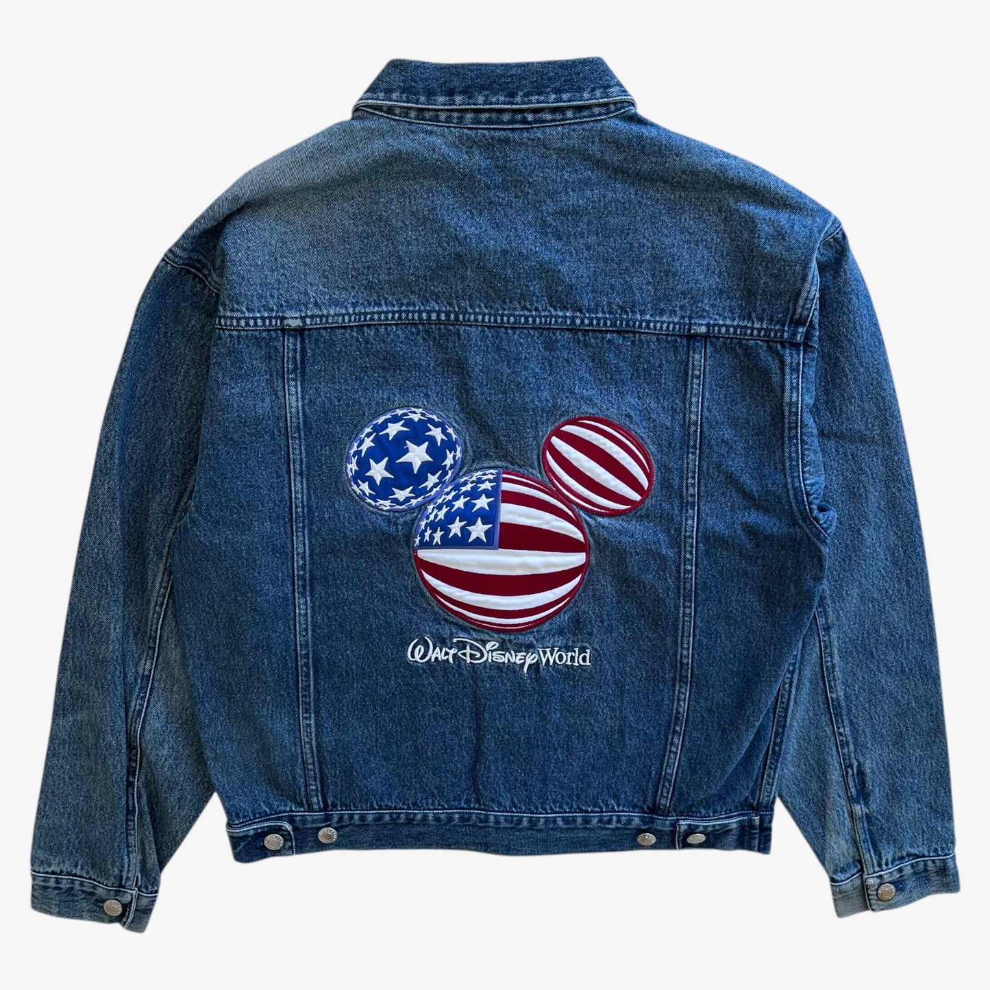Vintage 90s Mens Walt Disney World Mickey Mouse American Flag Blue Denim Jacket Back - Casspios Dream