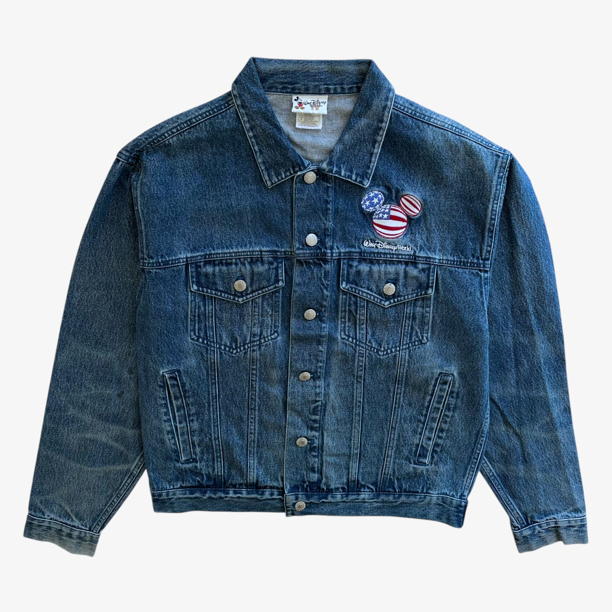 Vintage 90s Mens Walt Disney World Mickey Mouse American Flag Blue Denim Jacket - Casspios Dream