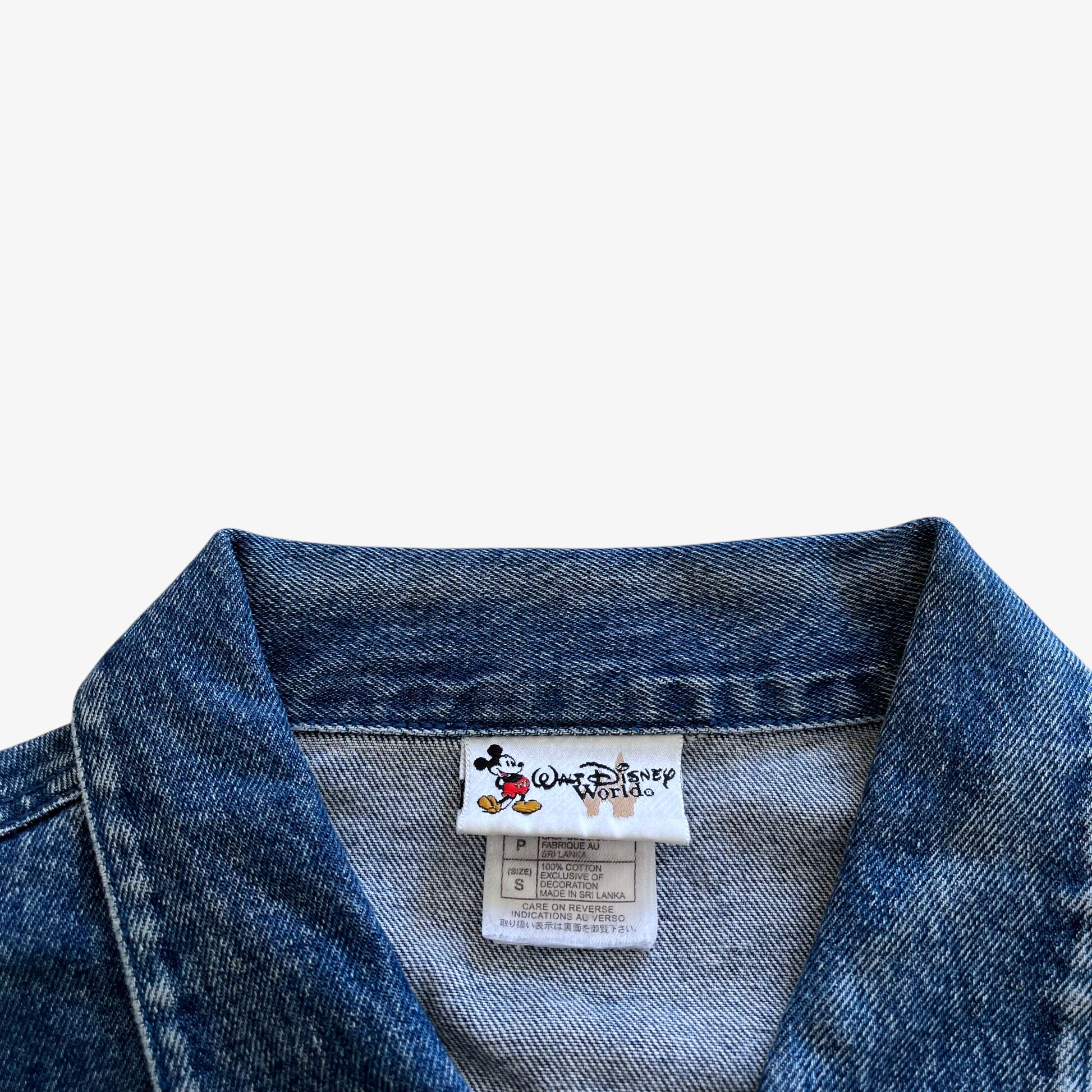 Vintage 90s Mens Walt Disney World Mickey Mouse American Flag Blue Denim Jacket Label - Casspios Dream