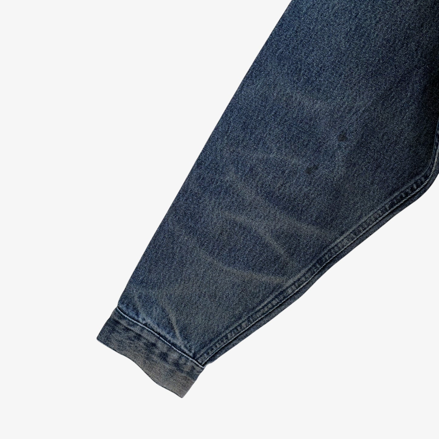 Vintage 90s Mens Walt Disney World Mickey Mouse American Flag Blue Denim Jacket Sleeve - Casspios Dream