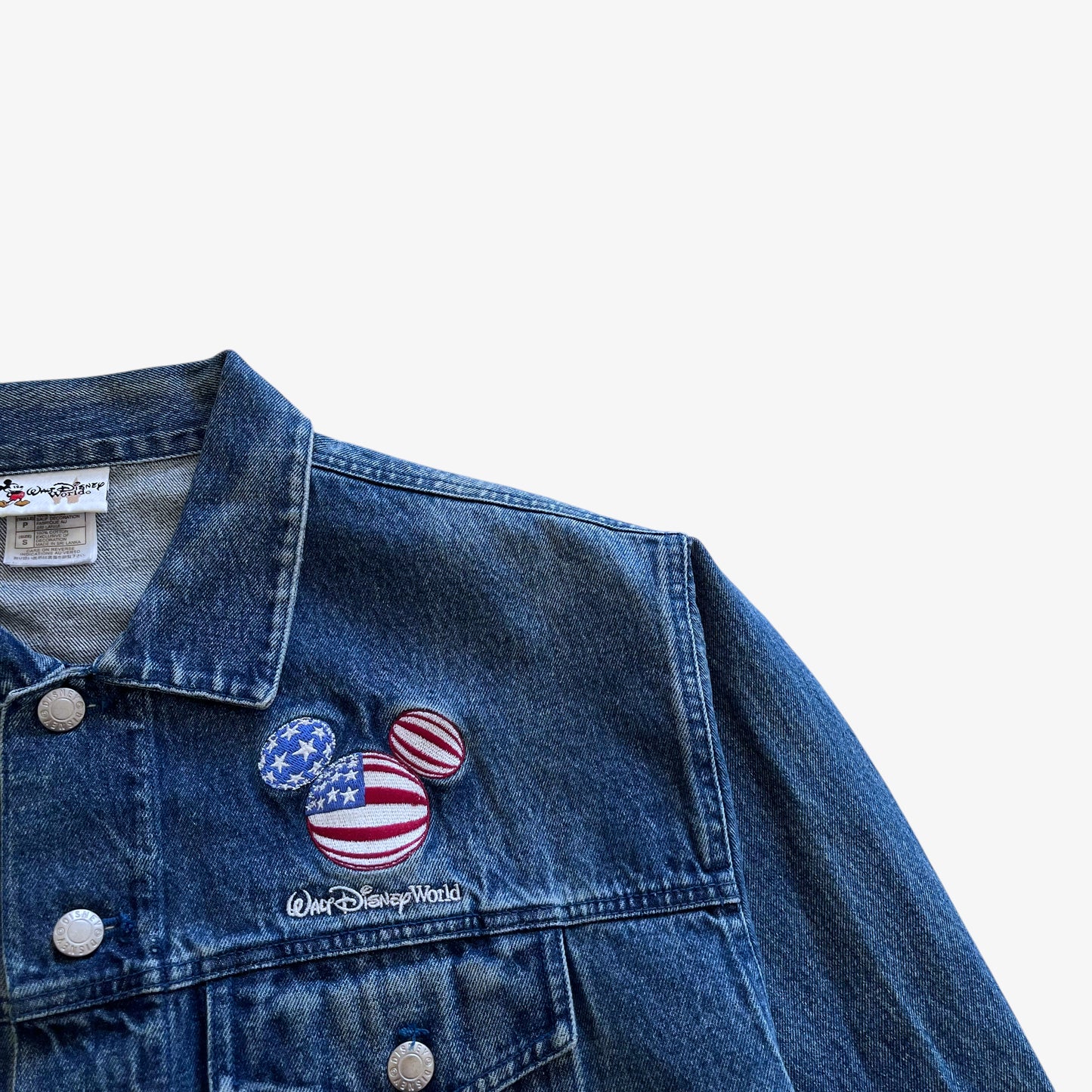 Vintage 90s Mens Walt Disney World Mickey Mouse American Flag Blue Denim Jacket Spell Out - Casspios Dream
