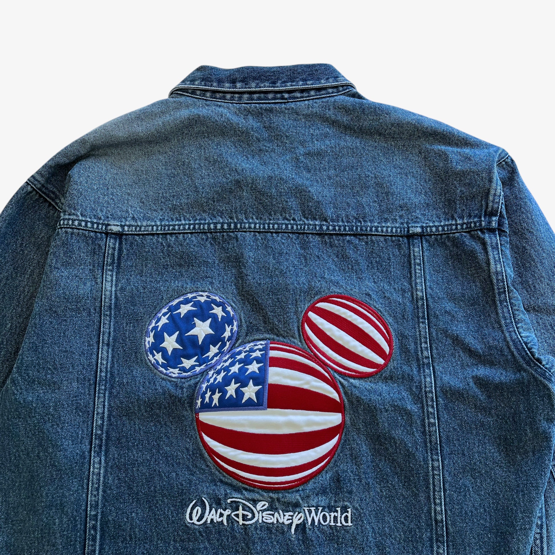 Vintage 90s Mens Walt Disney World Mickey Mouse American Flag Blue Denim Jacket USA - Casspios Dream