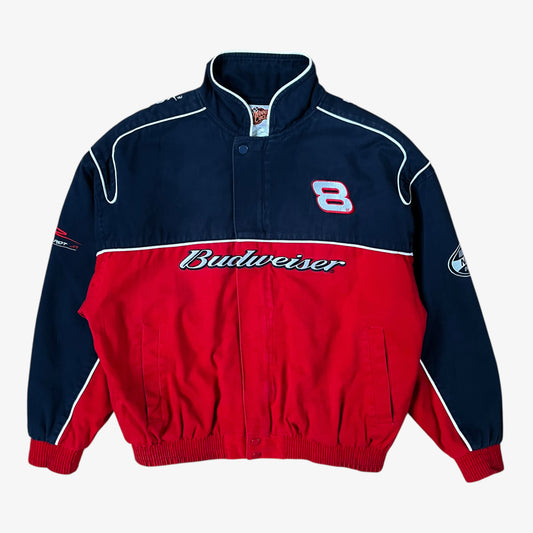 Vintage 90s Winner’s Circle Budweiser navy and red NASCAR jacket with embroidered spell-out logo and retro racing style.