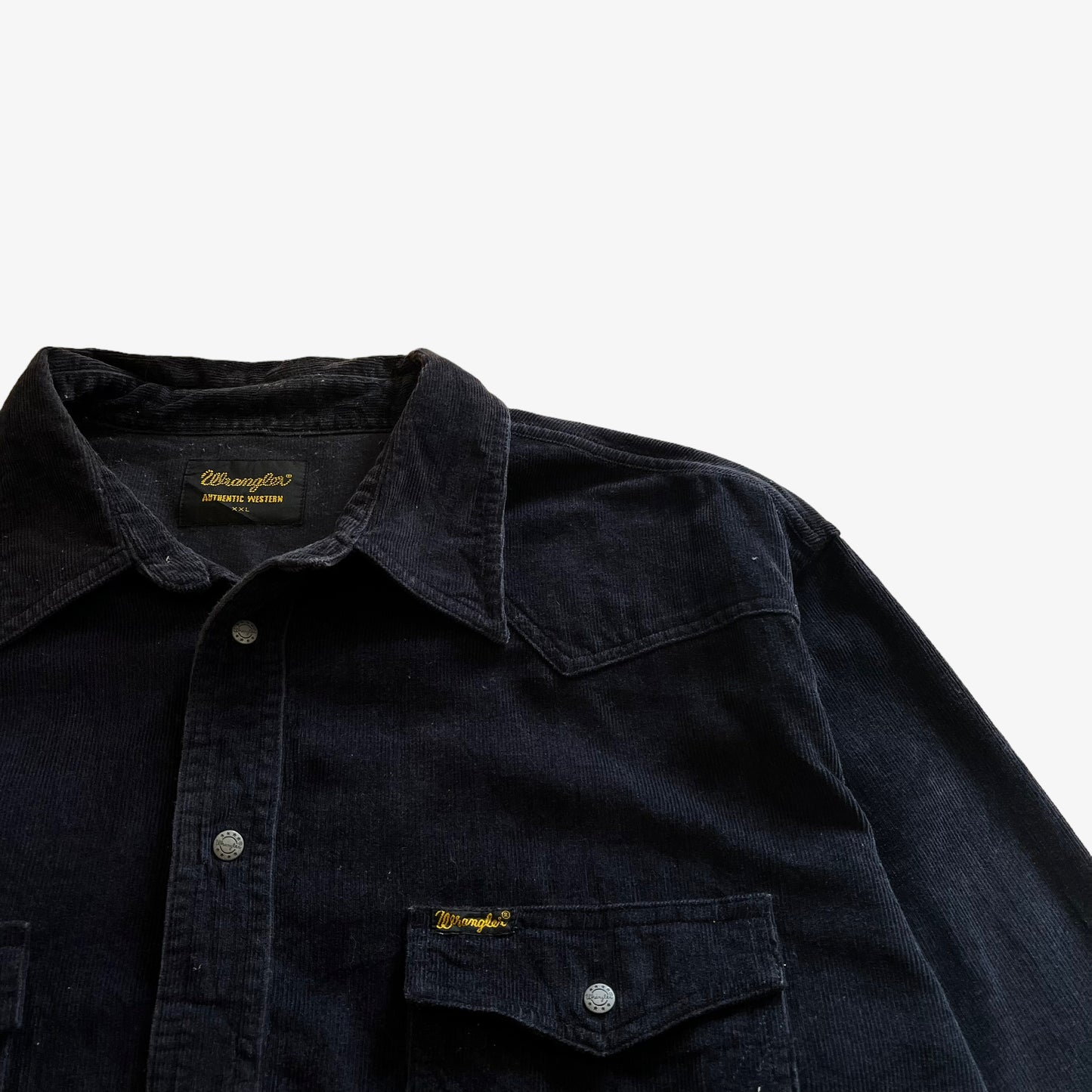 Vintage 90s Mens Wrangler Long Sleeve Navy Corduroy Shirt Logo - Casspios Dream