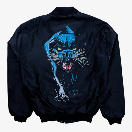Back of vintage 90s men's Zip It black panther print bomber jacket.