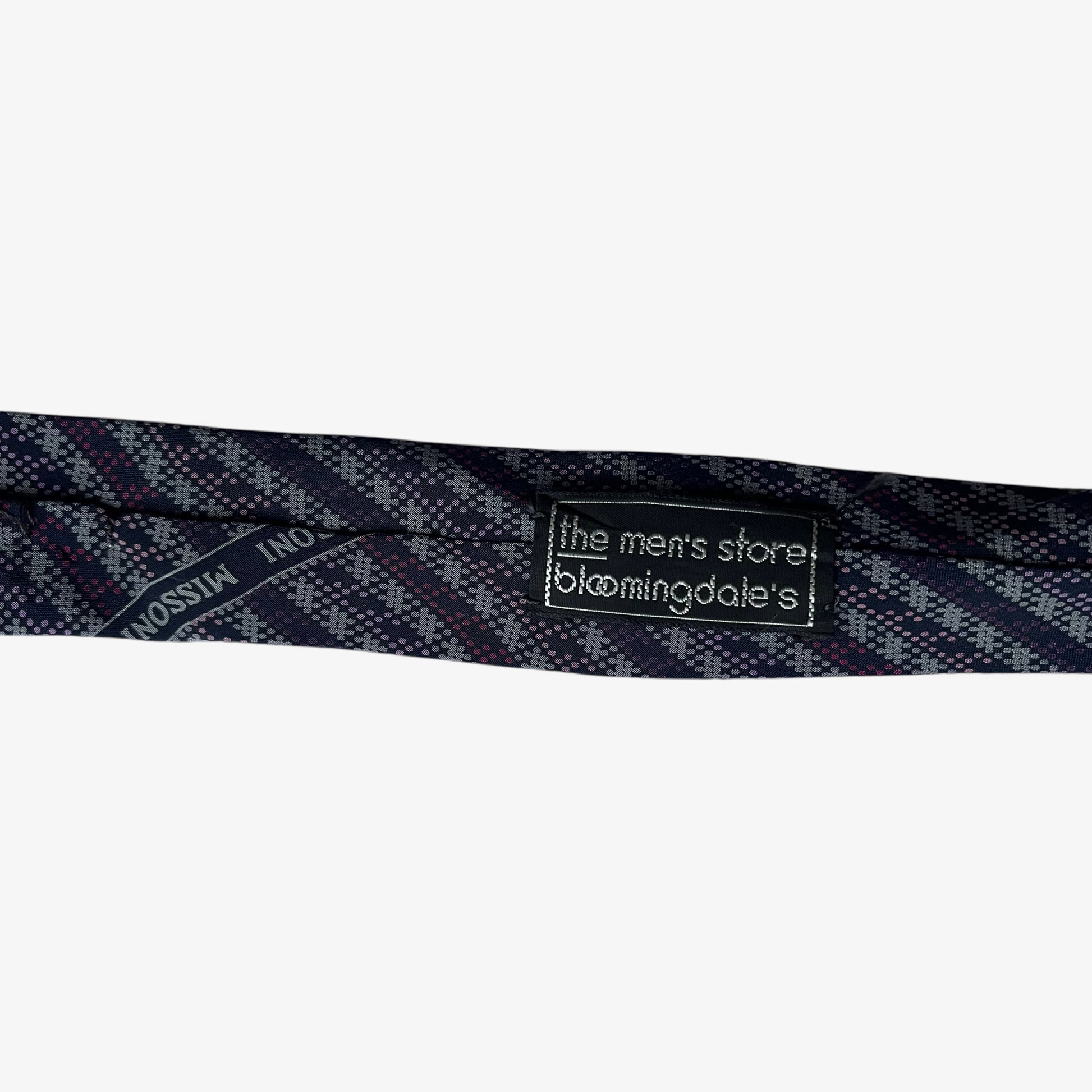 Bloomingdale's label stitched on the back of a vintage 90s Missoni abstract print silk tie.