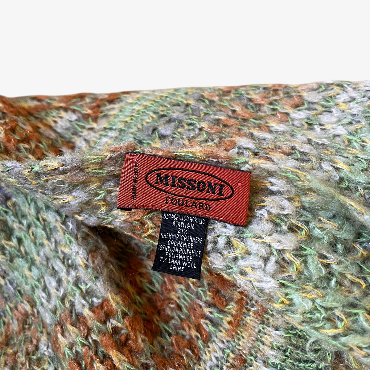 Missoni Foulard label stitched on the side of vintage 90s cashmere and wool blend green knitted scarf.