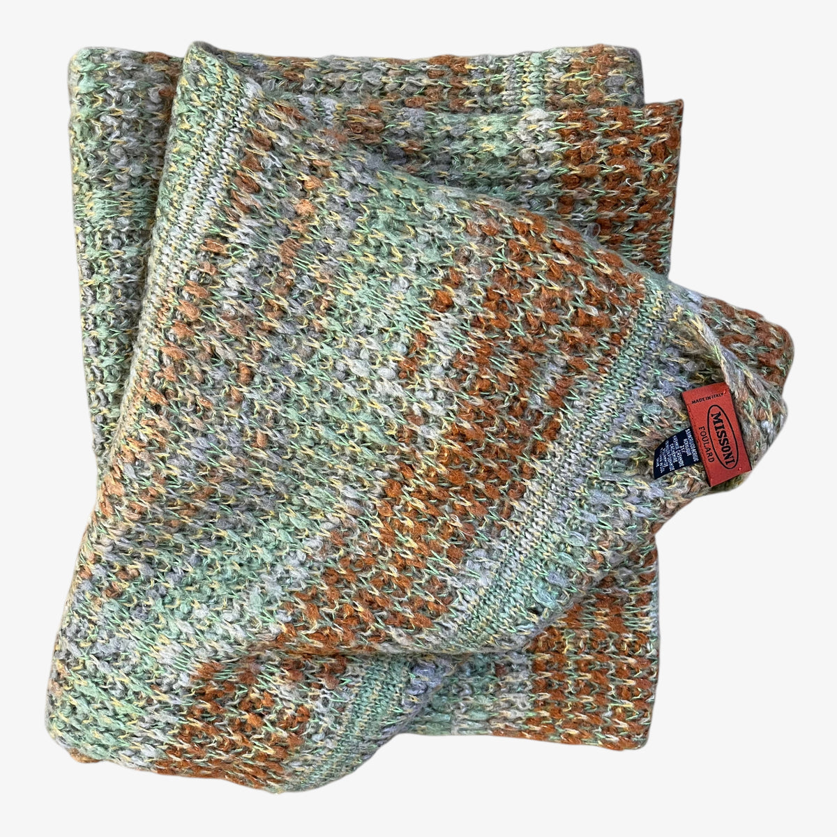 Vintage 90s Missoni Foulard cashmere and wool blend green knitted scarf.