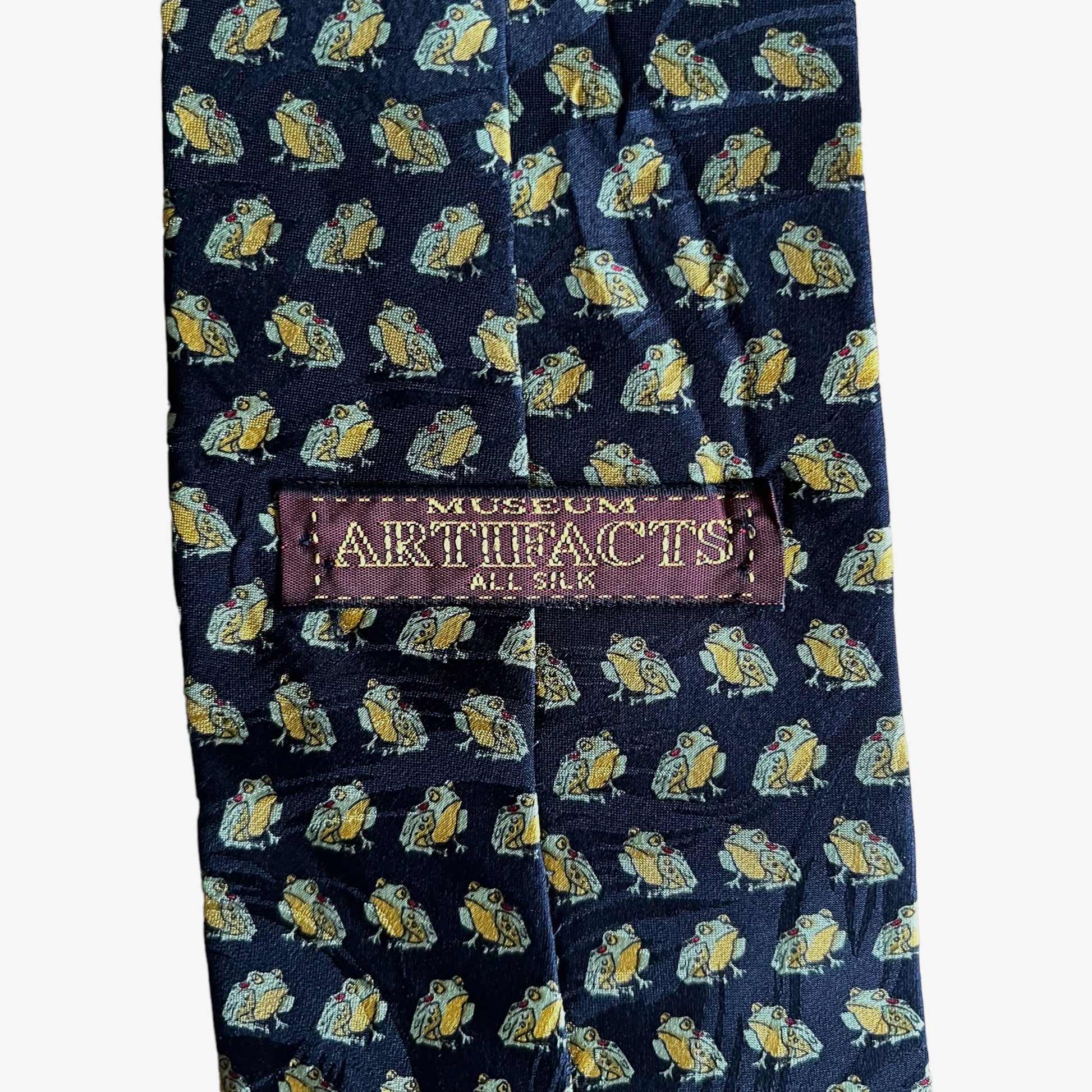 Vintage 90s Museum Artifacts Geometric Frog Print Silk Tie Label - Casspios Dream