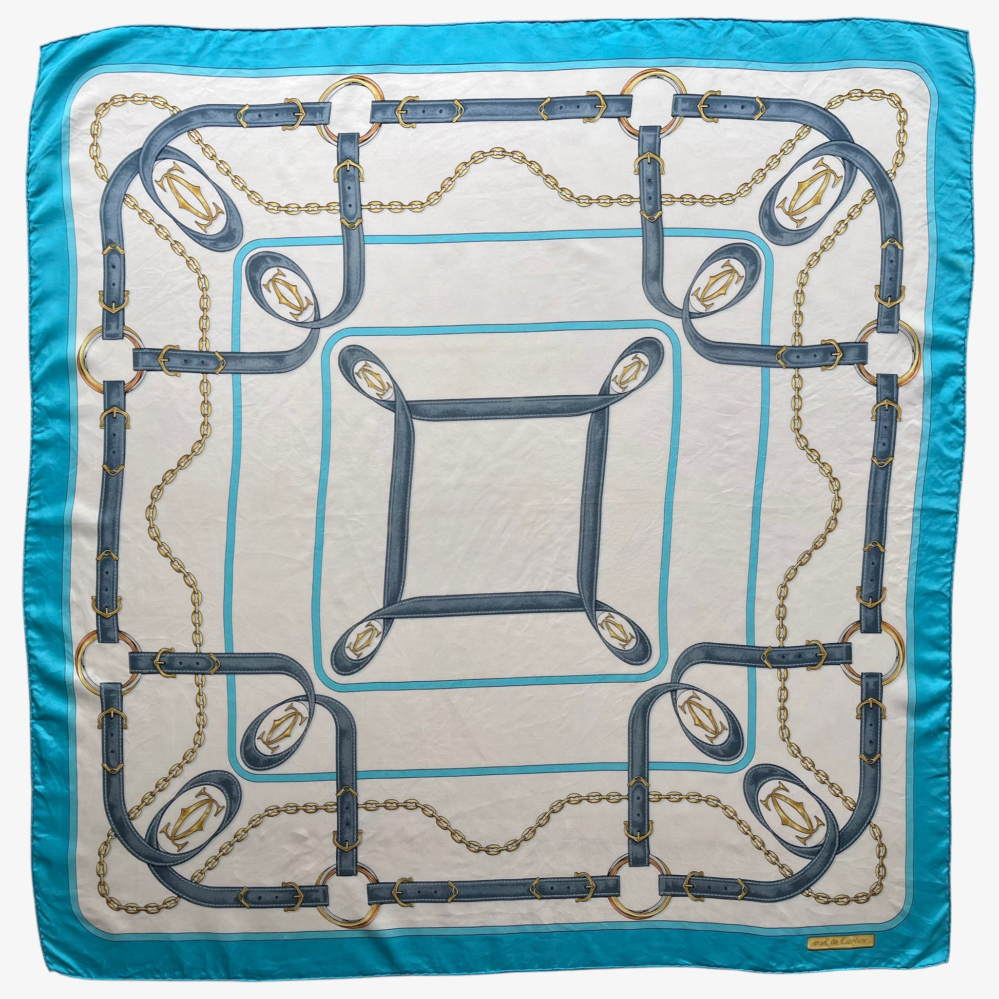 Women's vintage 90s must de Cartier equestrian strap print blue silk scarf featuring the classic CC logo.