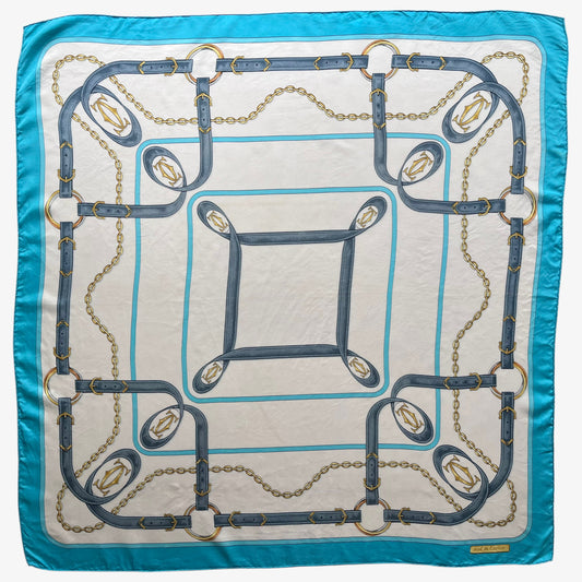 Women's vintage 90s must de Cartier equestrian strap print blue silk scarf featuring the classic CC logo.