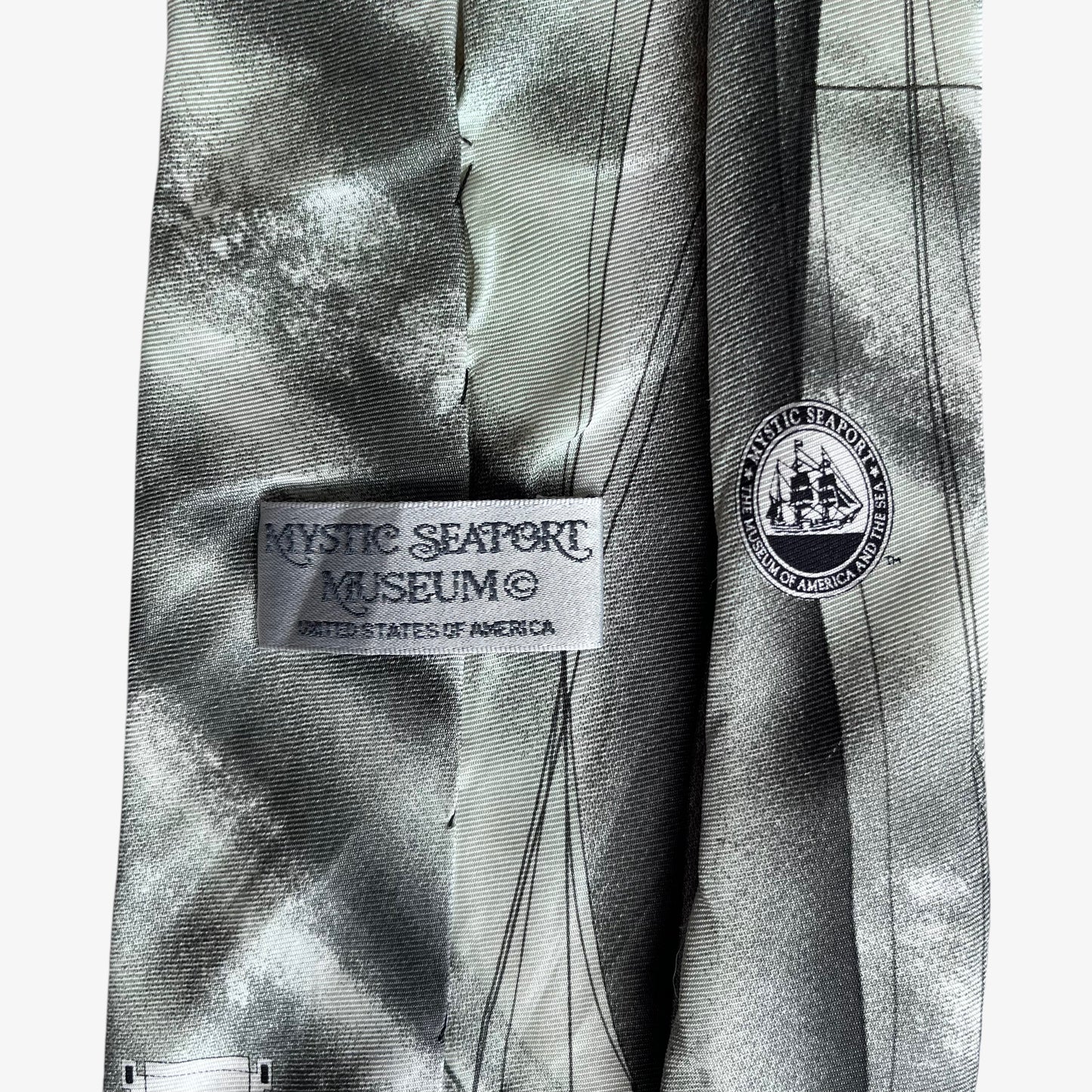 Vintage 90s Mystic Seaport Museum 1996 Sailing Print Silk Tie Label - Casspios Dream