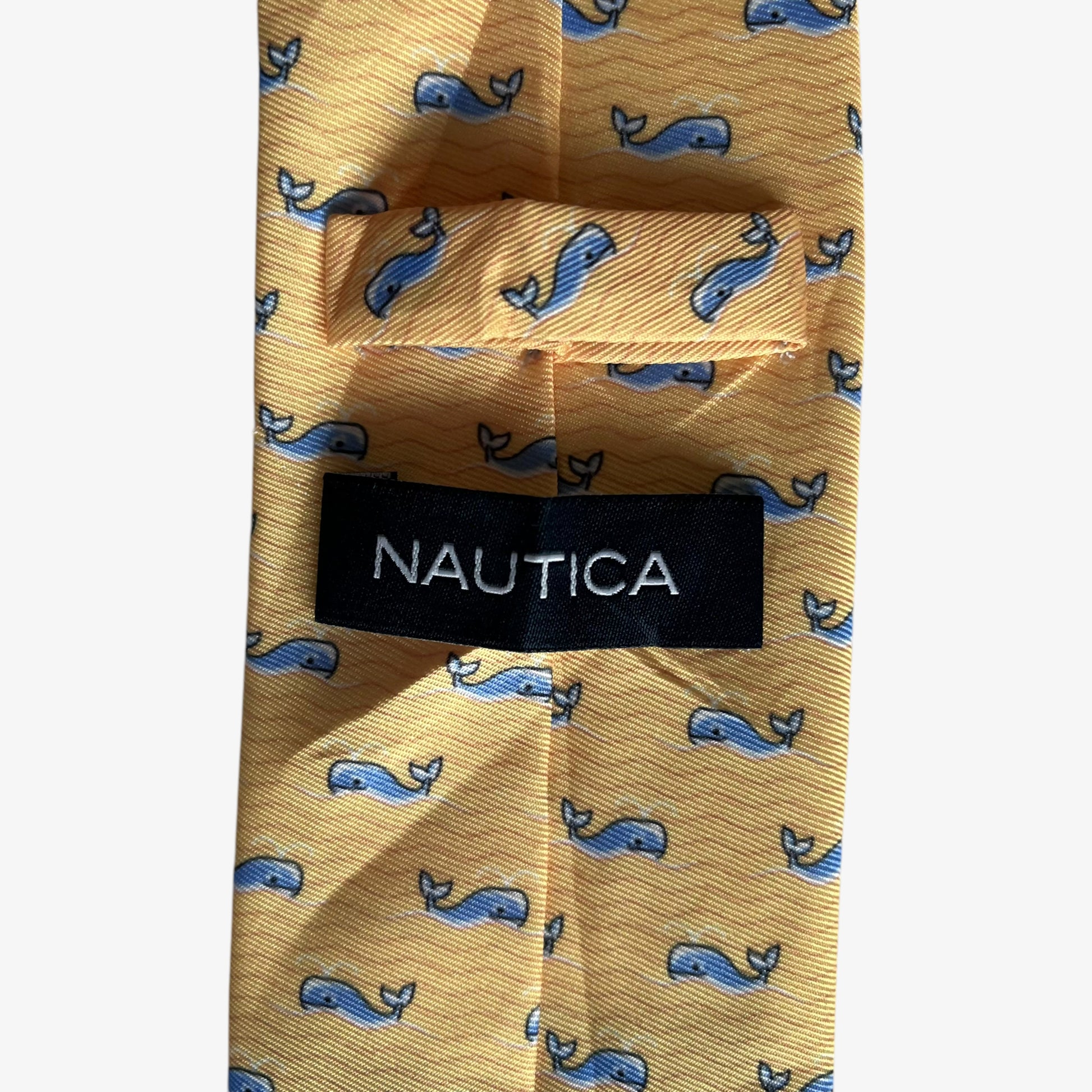 Vintage 90s Nautica Geometric Whale Print Yellow Polyester Tie Label - Casspios Dream