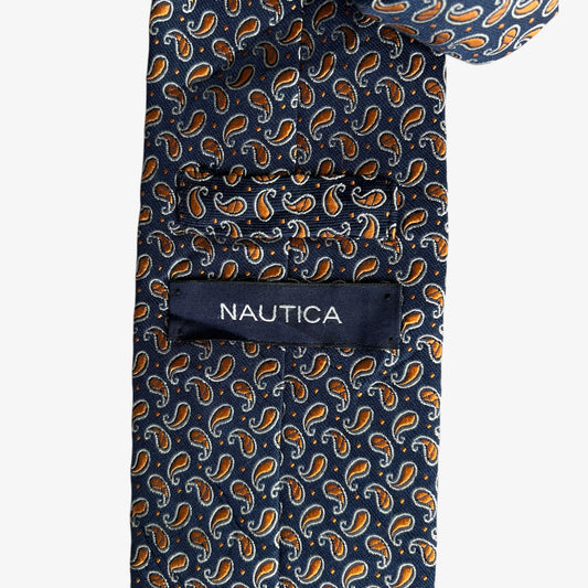 Vintage 90s Nautica Orange Paisley Print Navy Silk Tie Label - Casspios Dream