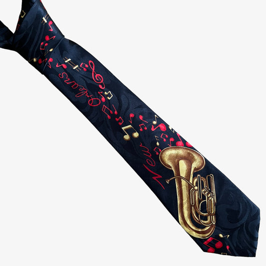 Vintage 90s New Orleans Jazz French Horn Print Black Polyester Tie - Casspios Dream