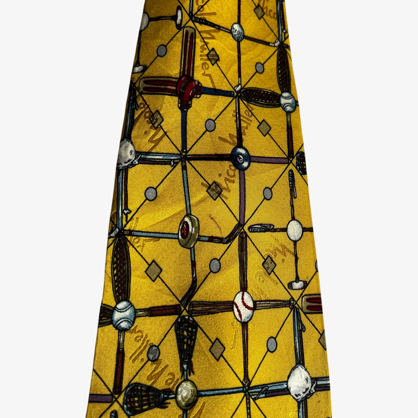 Vintage 90s Nicole Miller 1996 Sports Balls Geometric Print Yellow Silk Tie Baseball - Casspios Dream