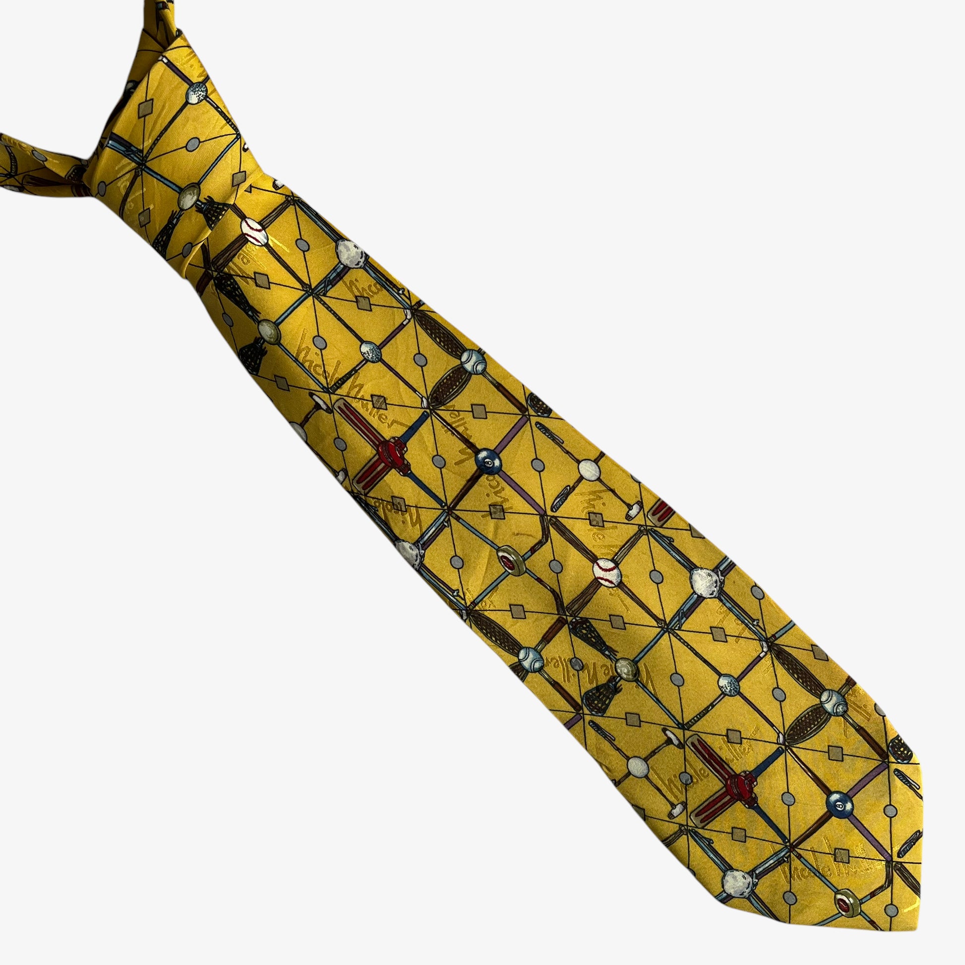 Vintage 90s Nicole Miller 1996 Sports Balls Geometric Print Yellow Silk Tie - Casspios Dream