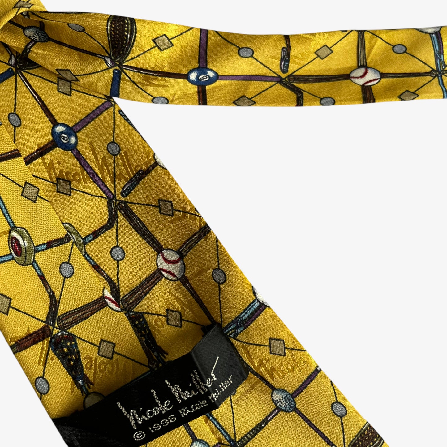 Vintage 90s Nicole Miller 1996 Sports Balls Geometric Print Yellow Silk Tie Label - Casspios Dream