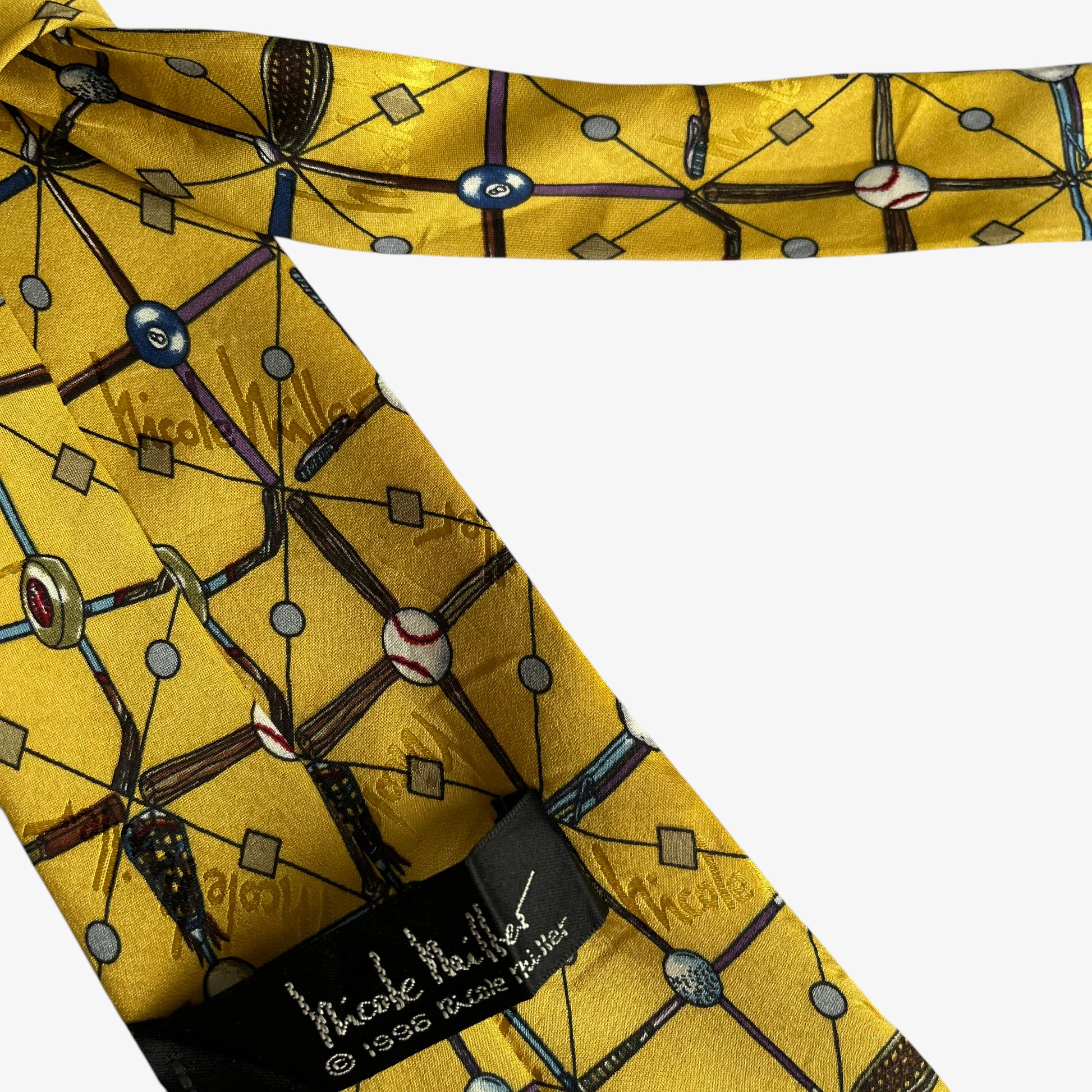 Vintage 90s Nicole Miller 1996 Sports Balls Geometric Print Yellow Silk Tie Label - Casspios Dream