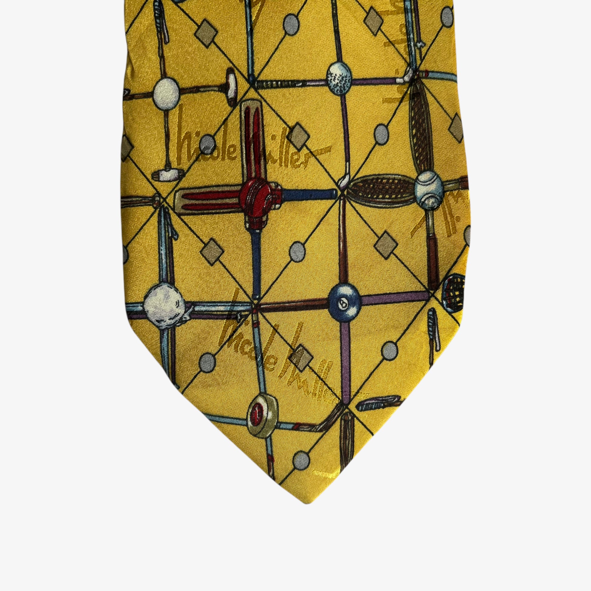 Vintage 90s Nicole Miller 1996 Sports Balls Geometric Print Yellow Silk Tie Snooker - Casspios Dream