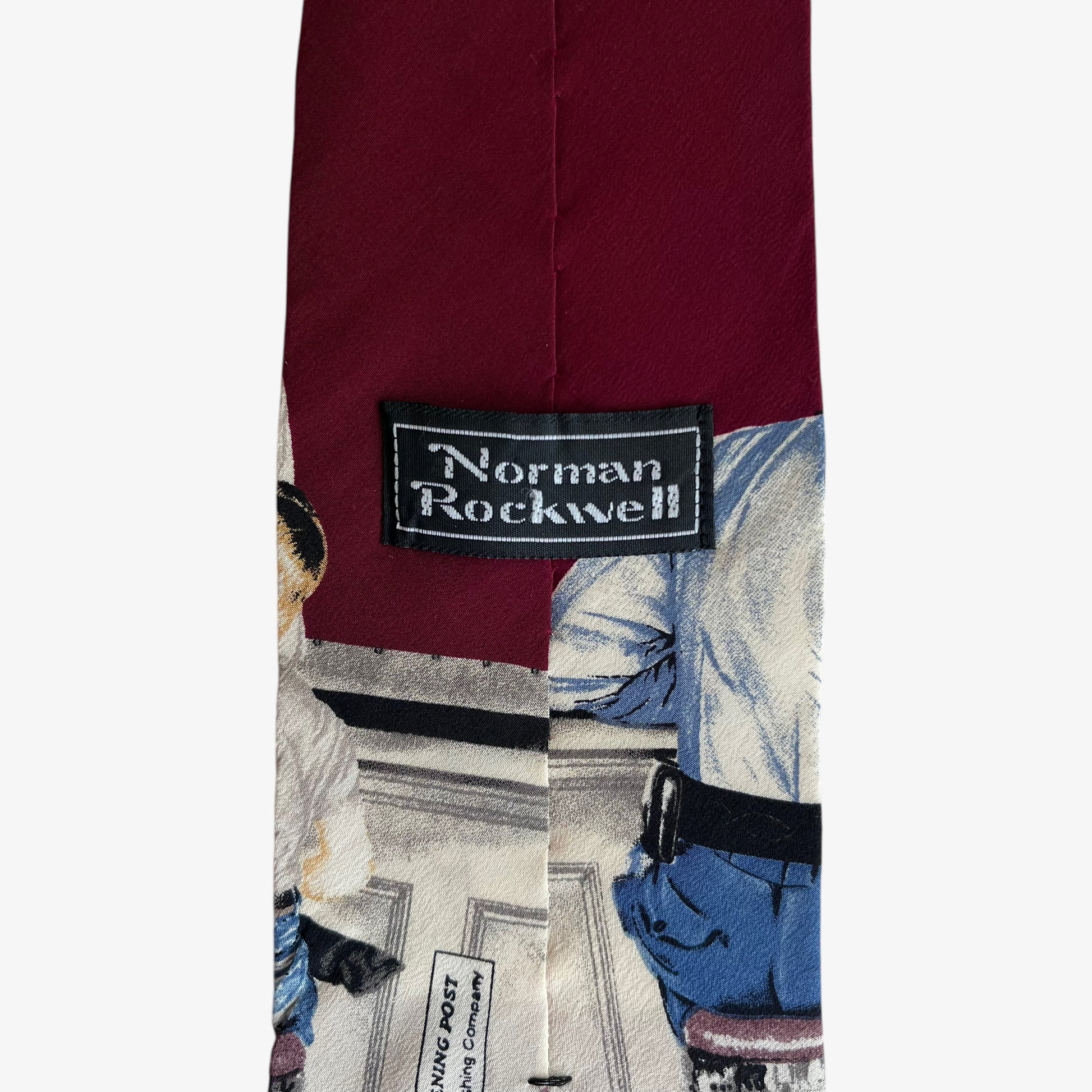 Vintage 90s Norman Rockwell 1993 The Saturday Evening Post Runaway Print Red Silk Tie Label - Casspios Dream