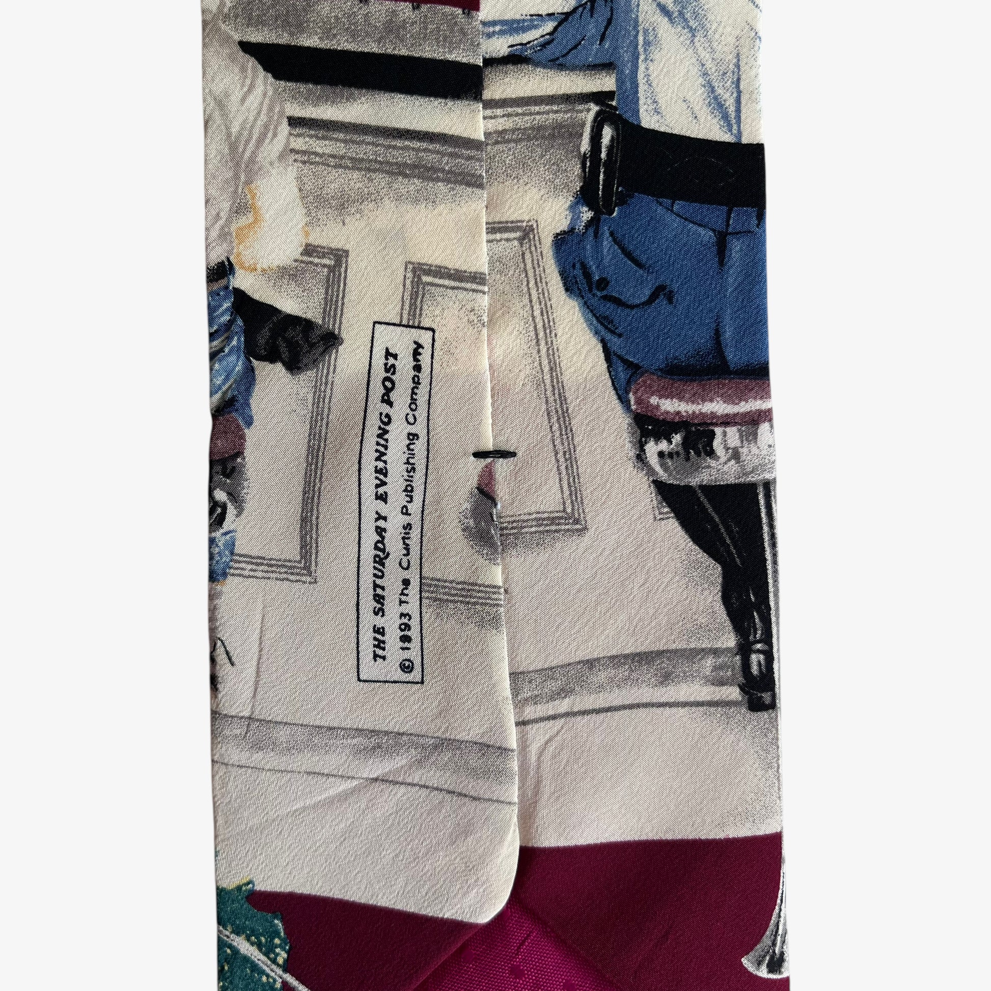 Vintage 90s Norman Rockwell 1993 The Saturday Evening Post Runaway Print Red Silk Tie Logo - Casspios Dream
