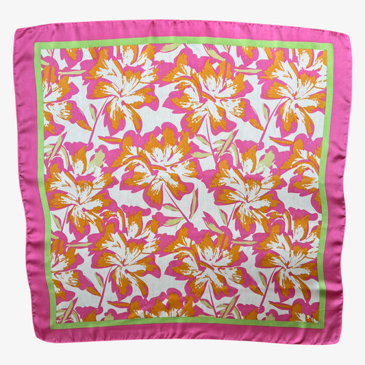 Vintage 90s Orange Floral Print Polyester Scarf With Pink Trim - Casspios Dream