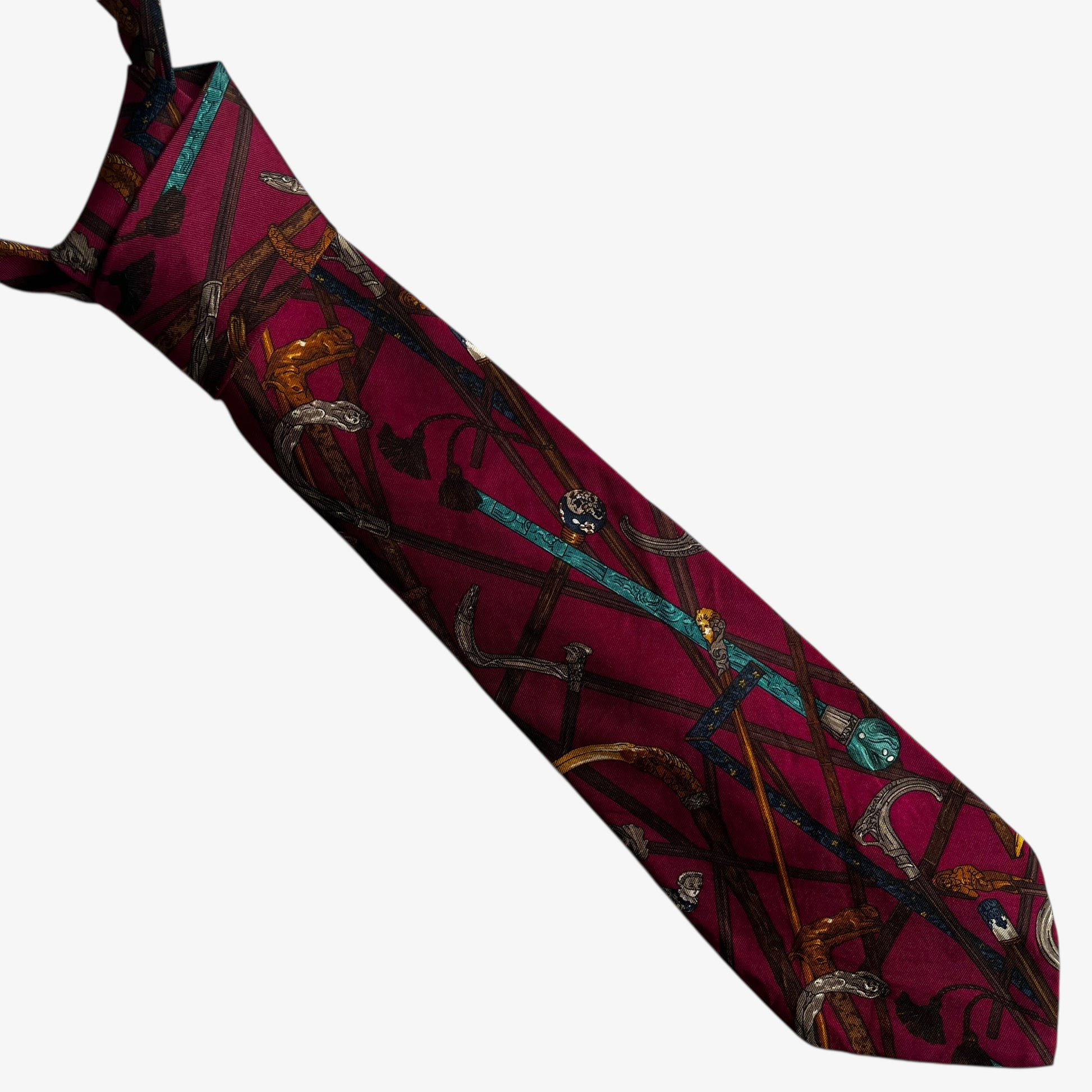 Vintage 90s Perry Ellis Equestrian Print Red Silk Tie - Casspios Dream