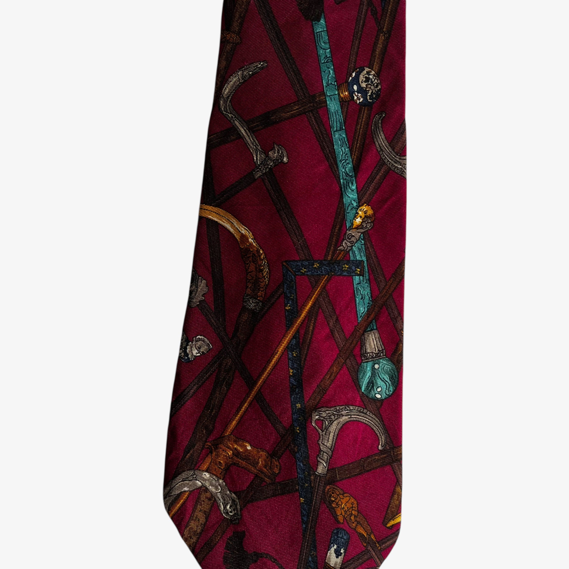 Vintage 90s Perry Ellis Equestrian Print Red Silk Tie Horse - Casspios Dream
