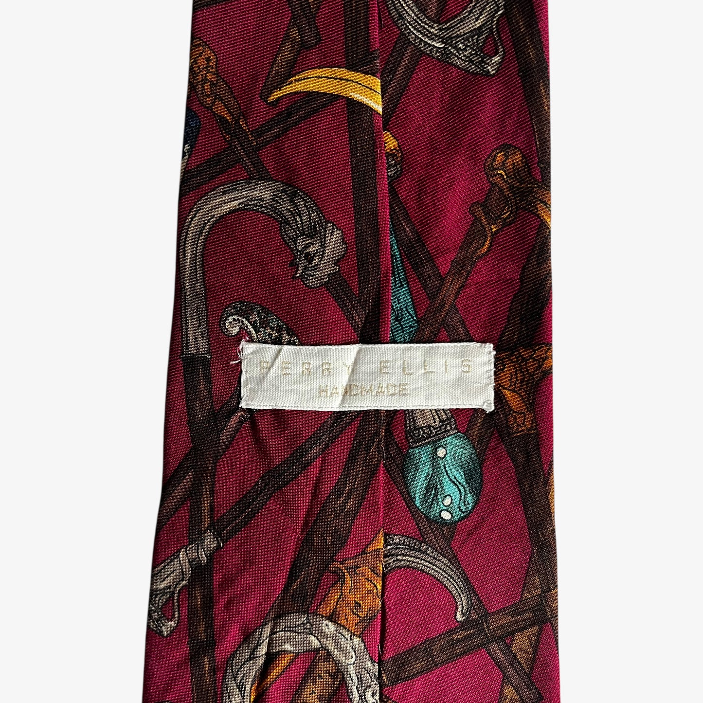 Vintage 90s Perry Ellis Equestrian Print Red Silk Tie Label - Casspios Dream