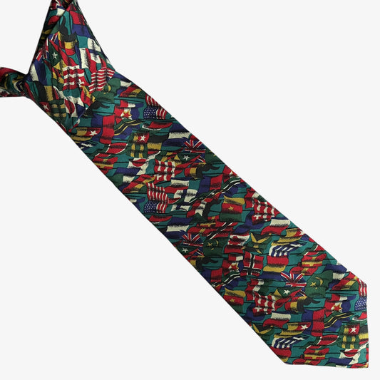 Vintage 90s Perry Ellis Portfolio World Flags Print Green Silk Tie - Casspios Dream