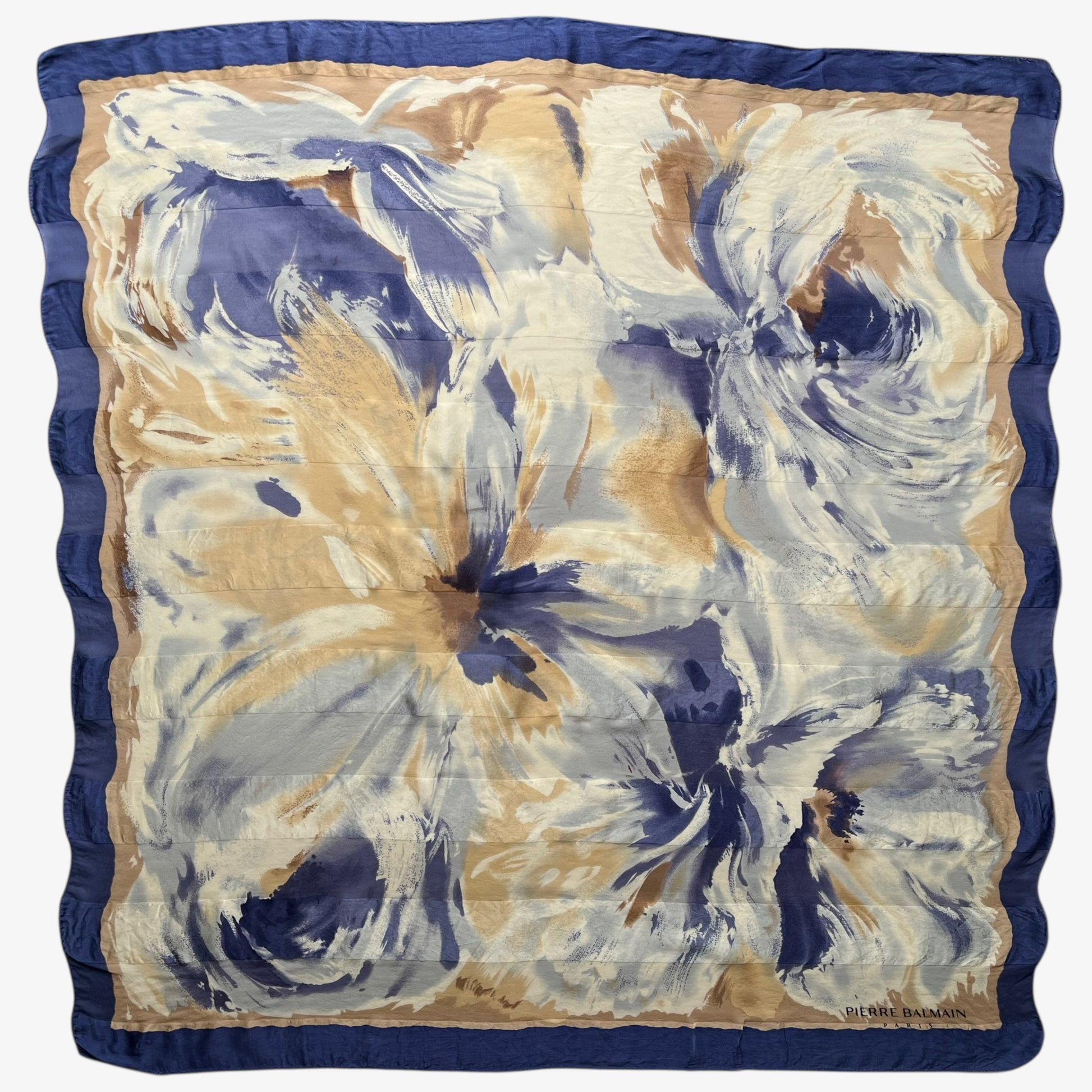 Women's vintage 90s Pierre Balmain Paris floral oil painting print yellow and blue silk scarf.
