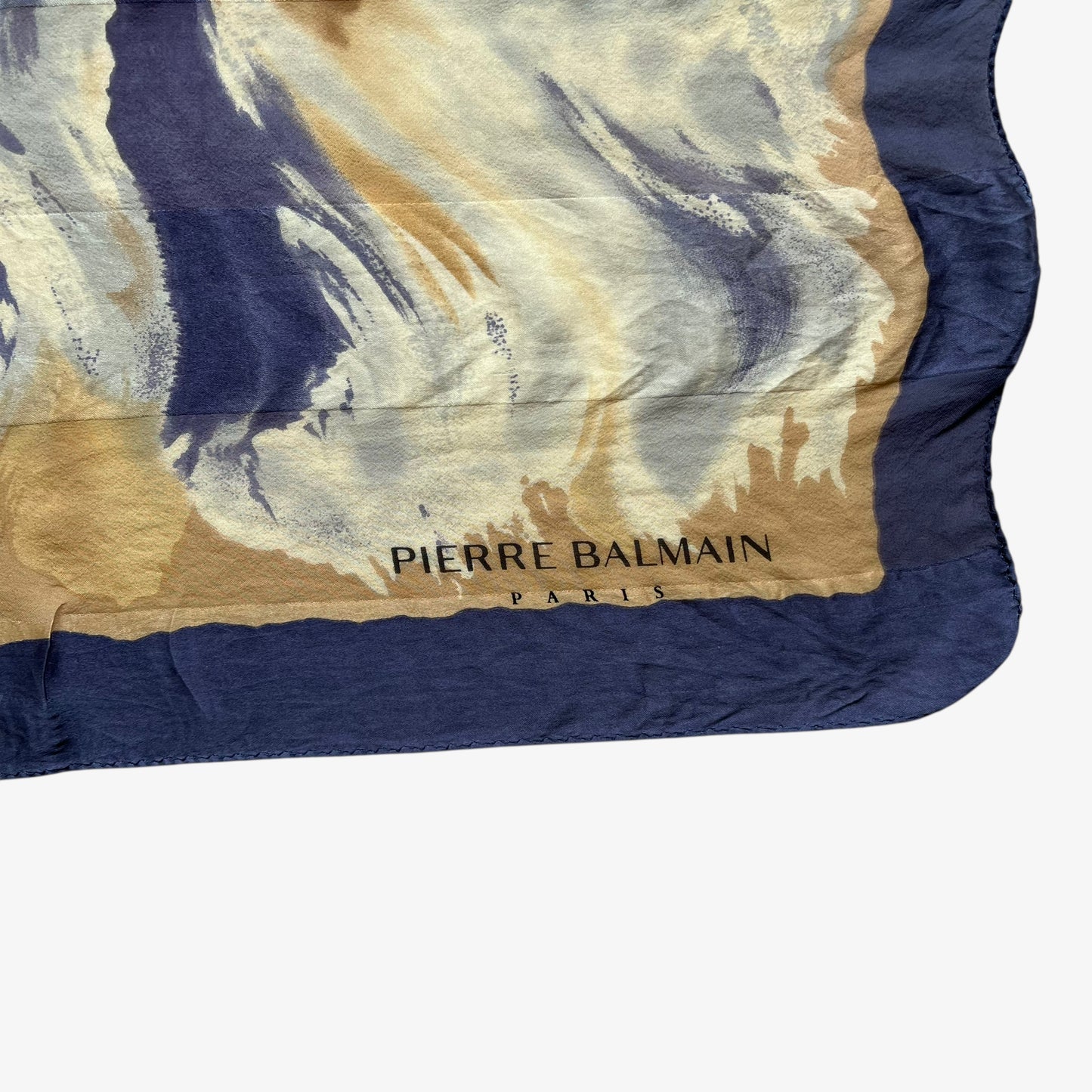 Pierre Balmain Paris spell out logo on women's vintage 90s floral oil painting print yellow and blue silk scarf.