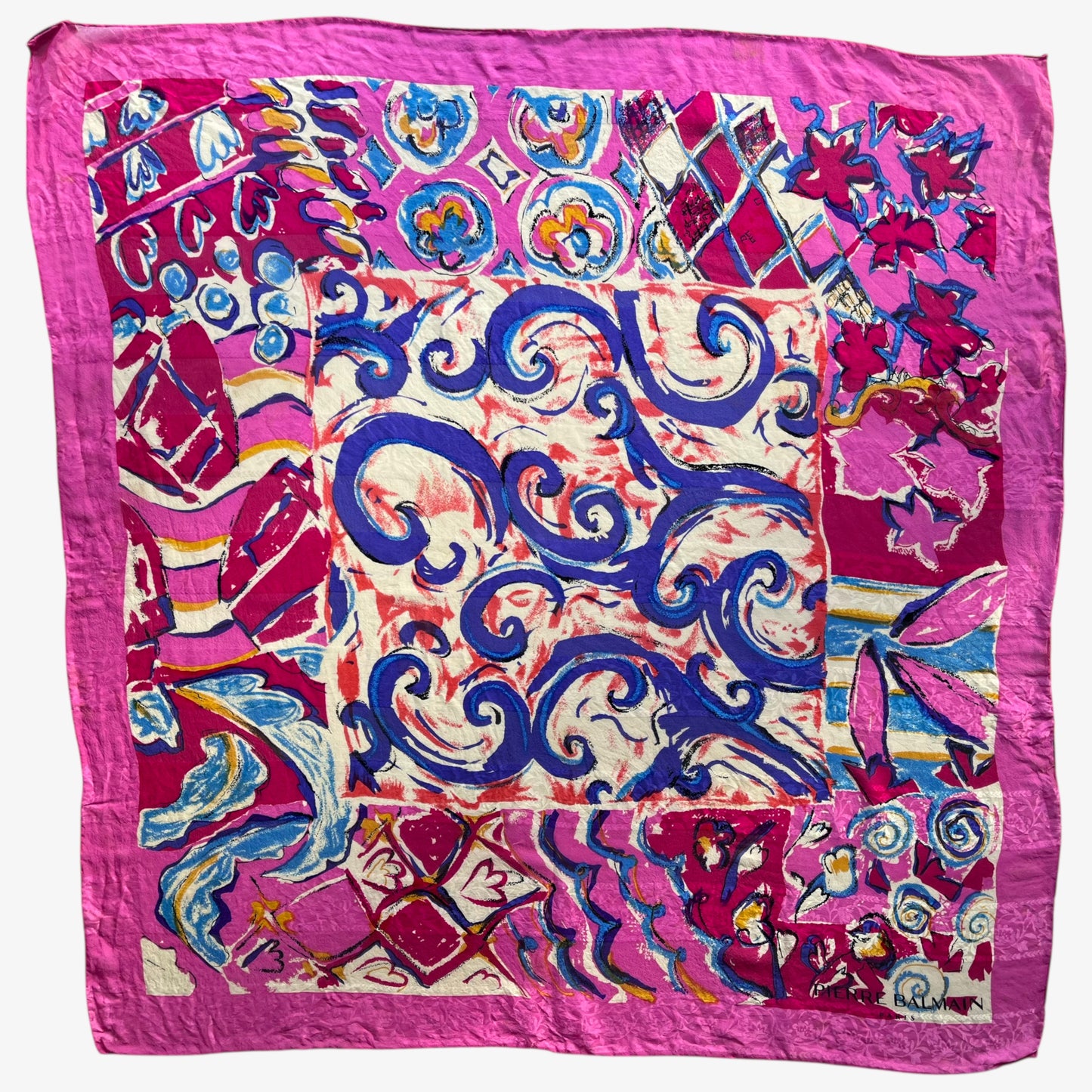 Women's vintage 90s Pierre Balmain Paris pink silk scarf features a colourful abstract floral print.