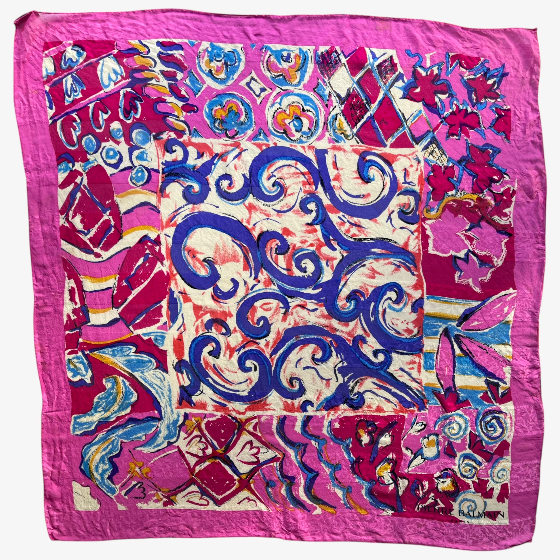 Women's vintage 90s Pierre Balmain Paris pink silk scarf features a colourful abstract floral print.