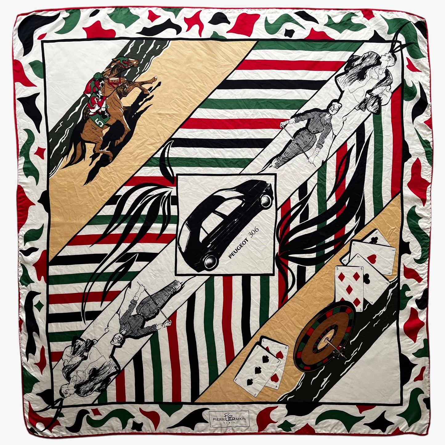 Vintage 90s women's Pierre Balmain Paris Peugeot 306 promotional print silk scarf with a red and green racing stripe design.