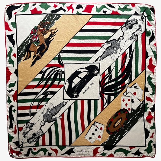 Vintage 90s women's Pierre Balmain Paris Peugeot 306 promotional print silk scarf with a red and green racing stripe design.