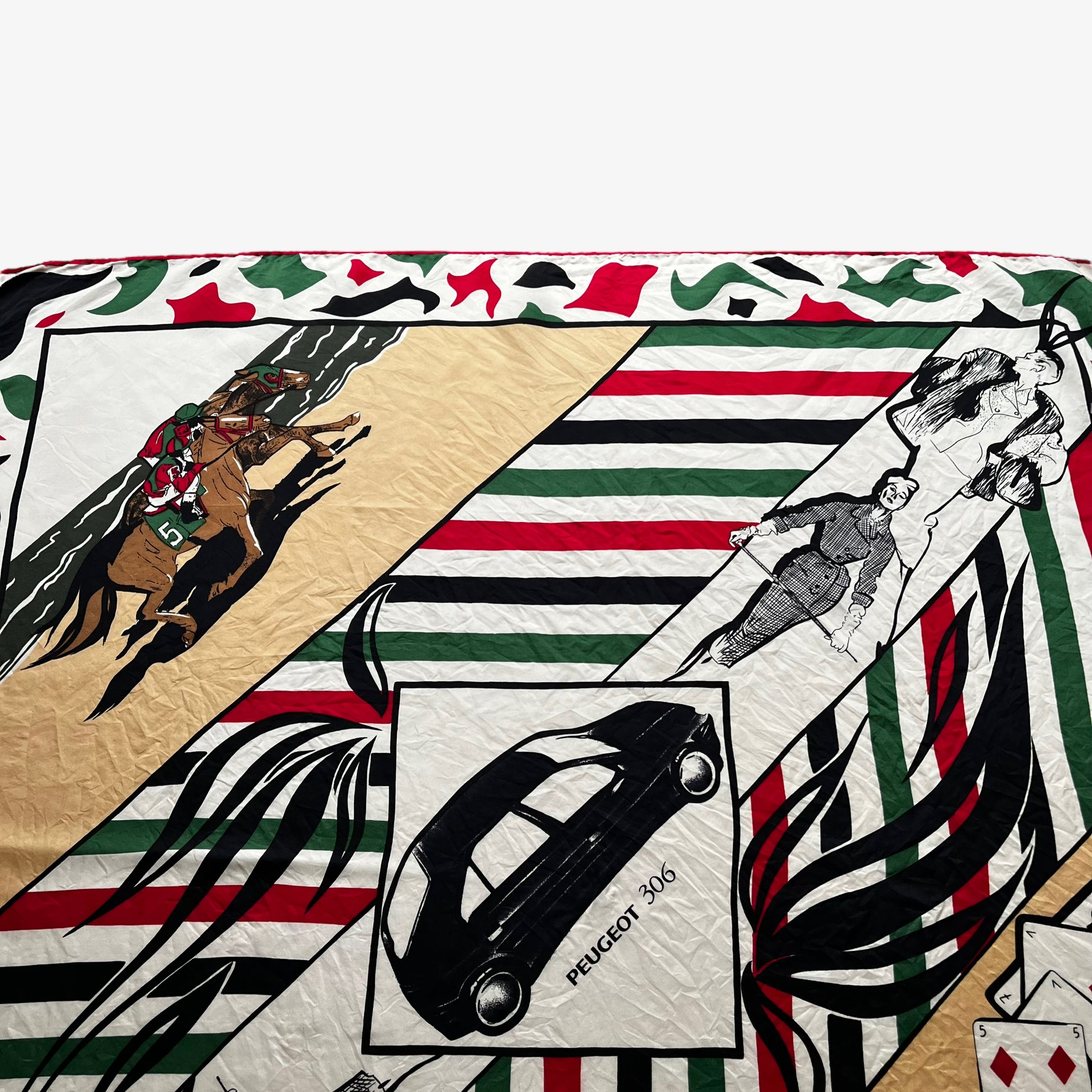 Peugeot 306 spell out on vintage 90s women's Pierre Balmain Paris silk scarf with a red and green racing stripe design.