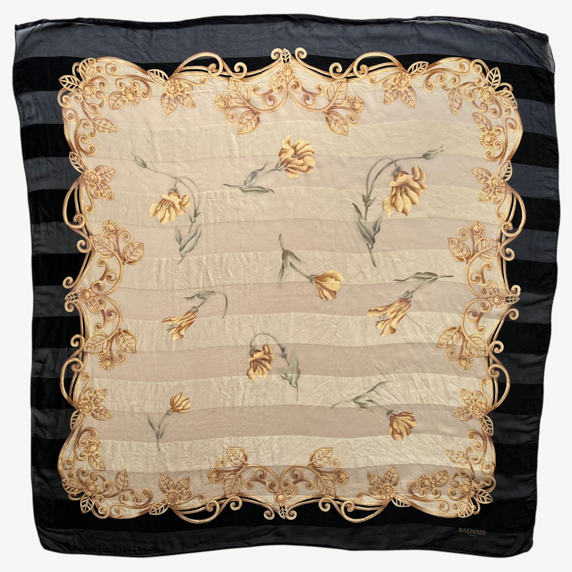 Women's vintage 90s Pierre Balmain Paris yellow floral rose print striped black silk scarf.