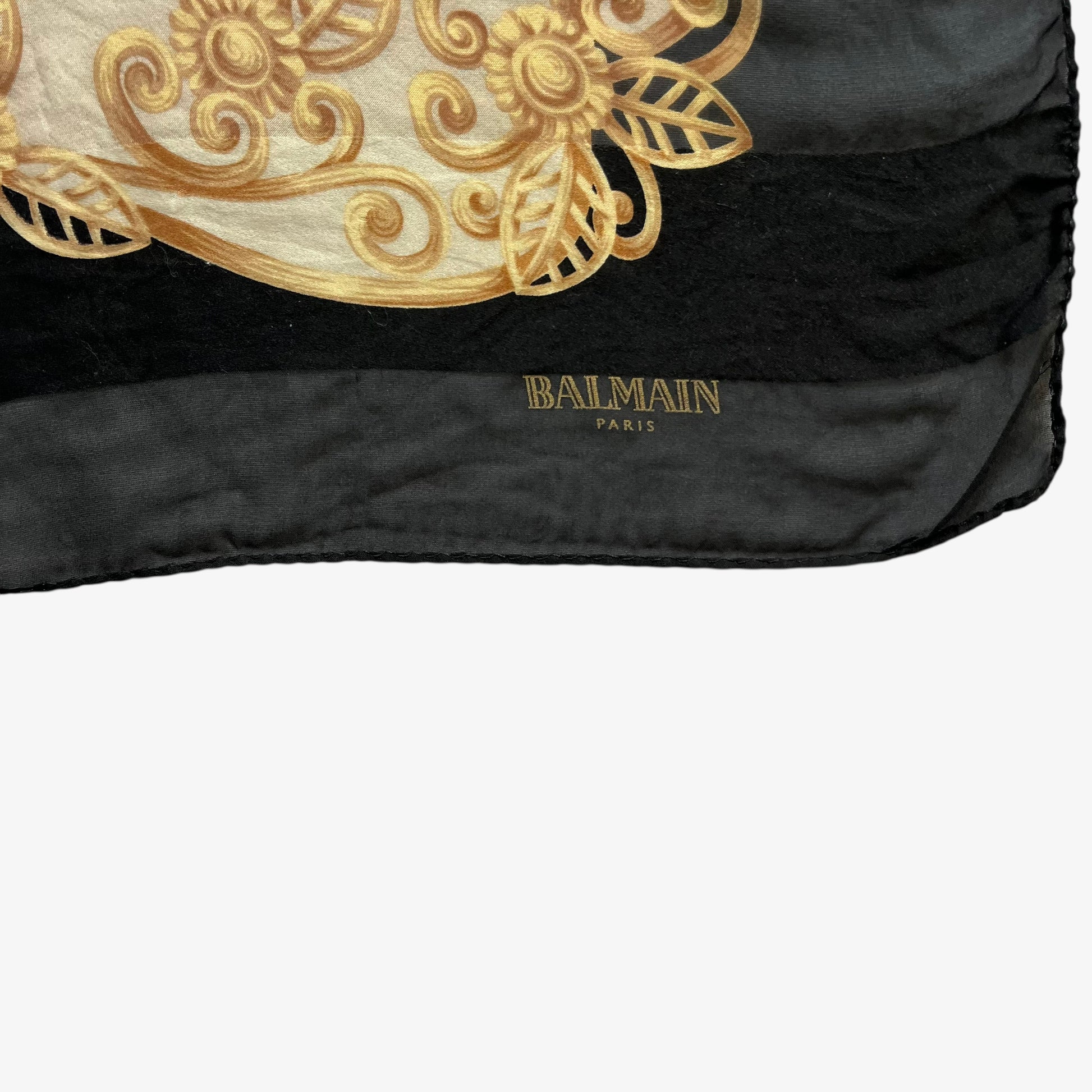 Balmain Paris spell out logo on women's vintage 90s yellow floral rose print striped black silk scarf.