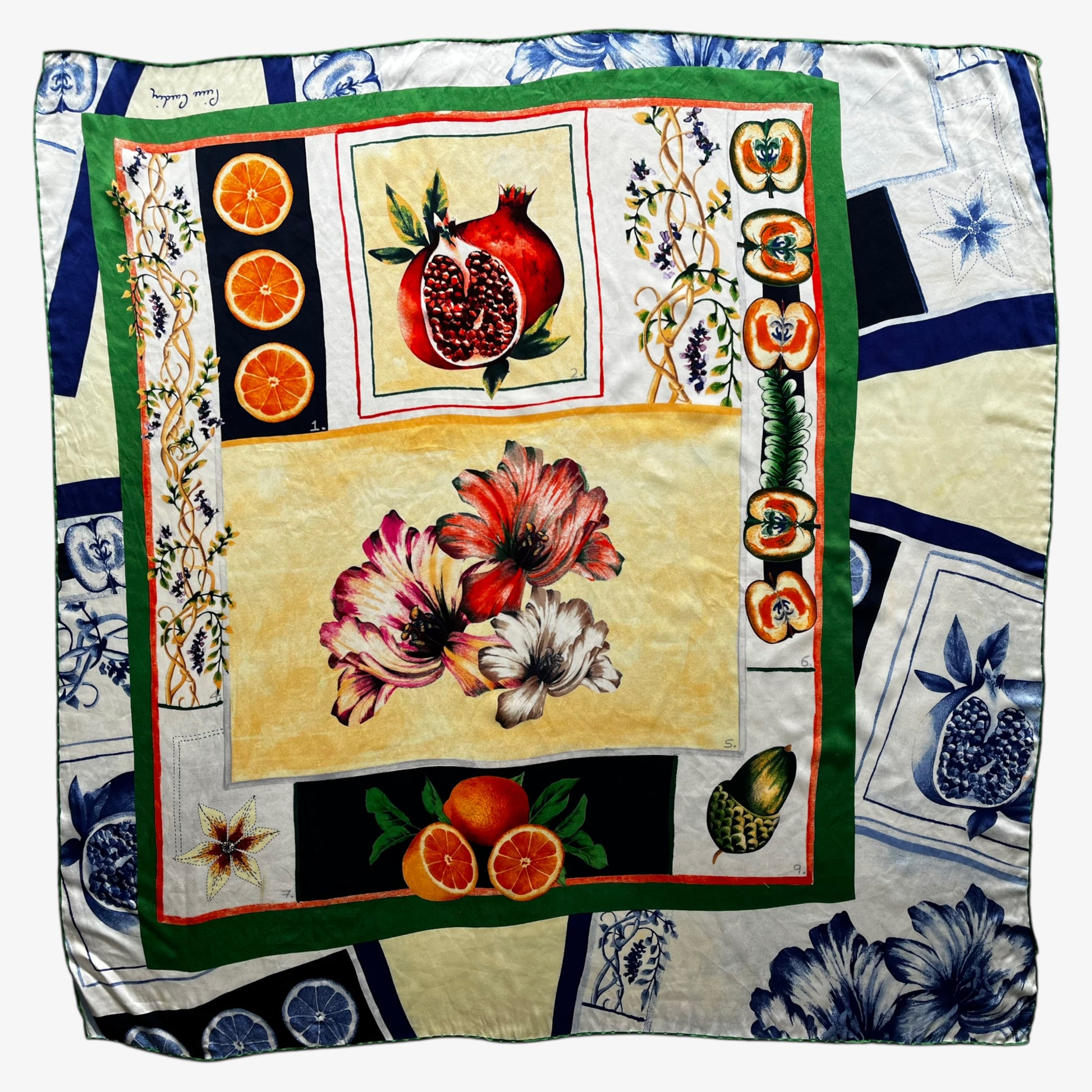 Women's vintage 90s Pierre Cardin colourful floral and fruit print silk scarf.