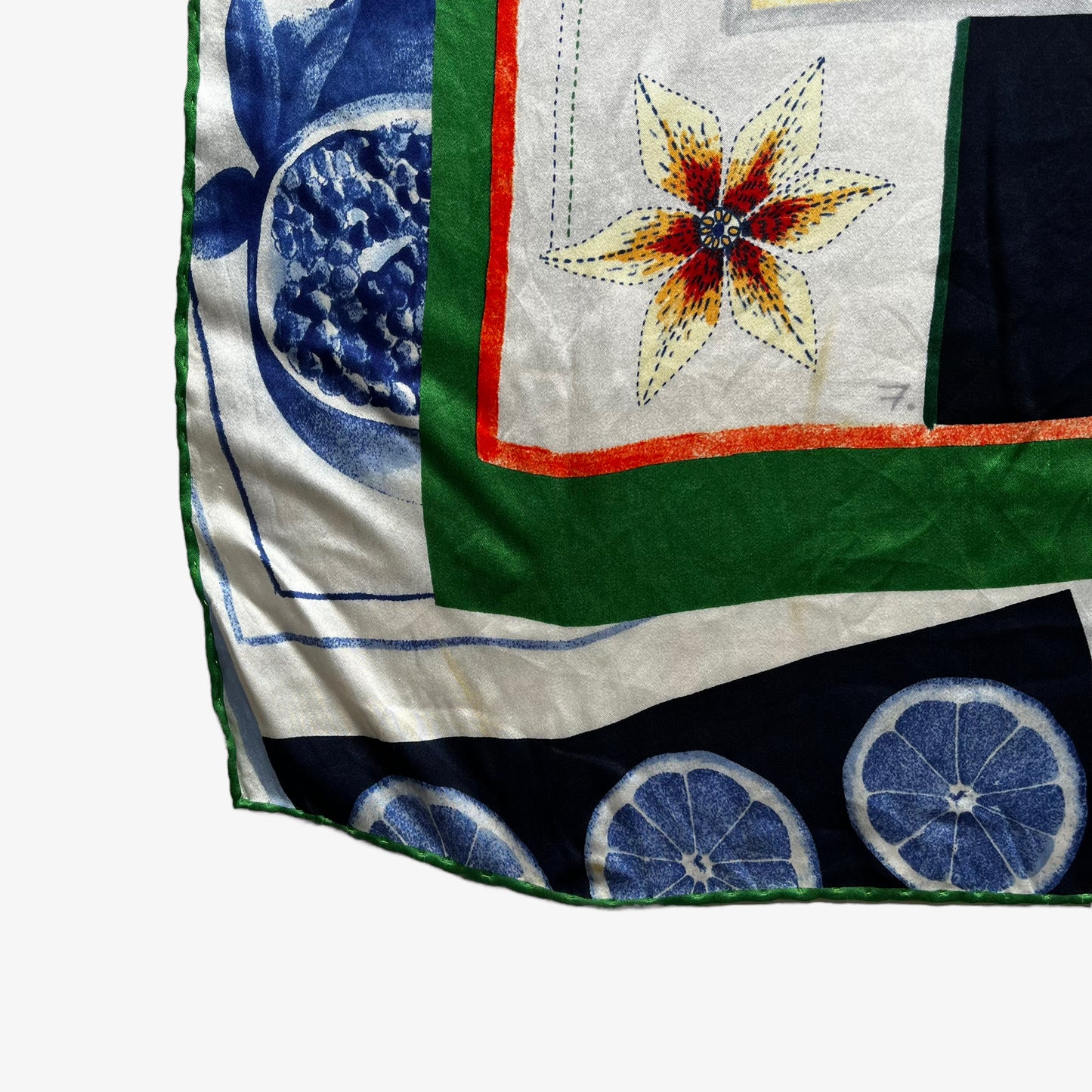Patina on women's vintage 90s Pierre Cardin colourful floral and fruit print silk scarf.