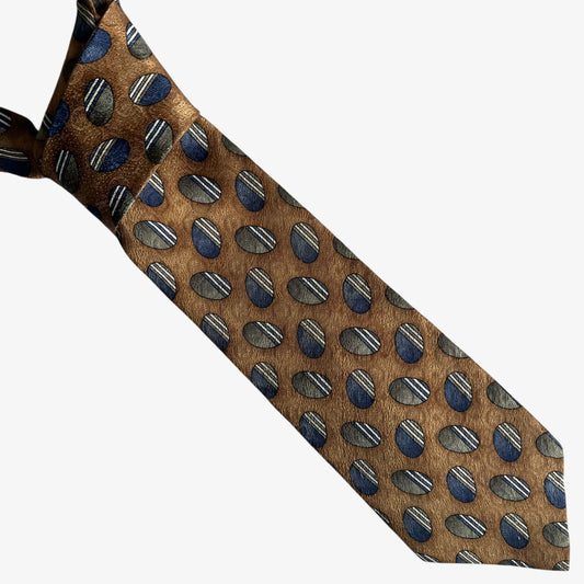 Vintage 90s Pierre Cardin Geometric Oval Print Brown Silk Tie - Casspios Dream