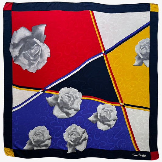 Women's vintage 90s Pierre Cardin abstract floral and colourful Mondrian styled print silk scarf.