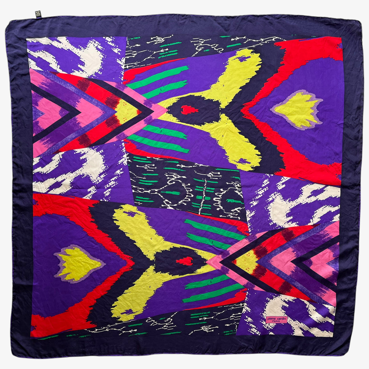 Women's vintage 90s Pierre Cardin colourful abstract print purple silk scarf.
