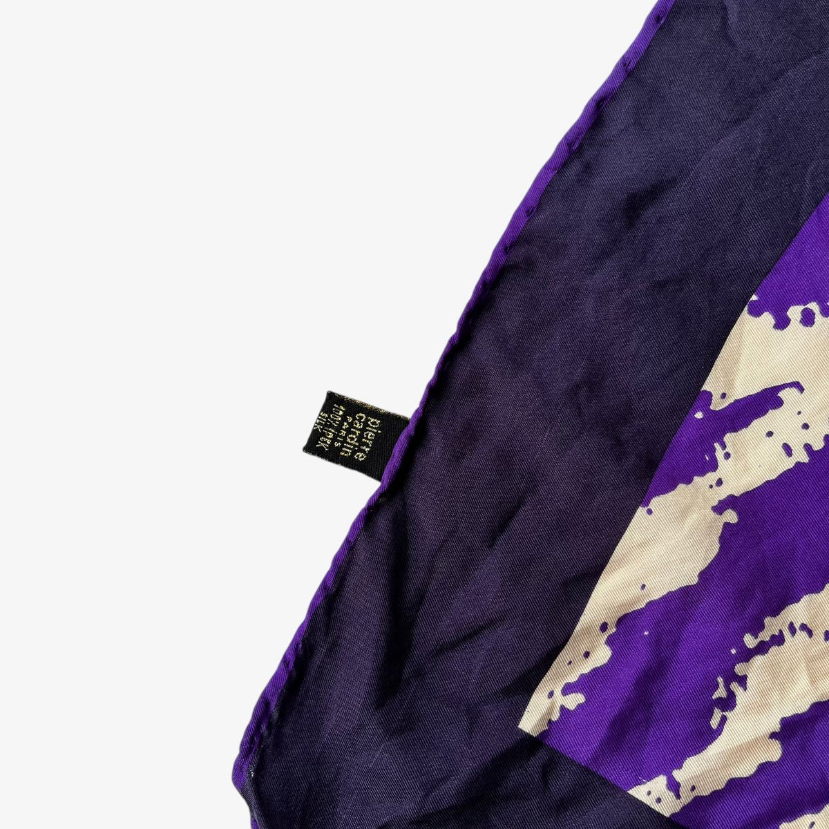 Pierre Cardin label on women's vintage 90s colourful abstract print purple silk scarf.